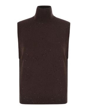 Brunello Cucinelli Cashmere-Silk Sleeveless Crewneck Sweater With Rhinestone Decoration - Brown