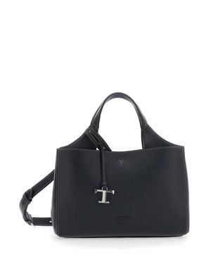 Tod's T-Plate Leather Handbag With Adjustable Removable Shoulder Strap, Charm & Magnetic Closure - Black