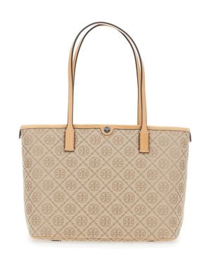 Tory Burch Small Tote Handbag Handbag With All-Over Logo Monogram And Top Zip Closure - Natural