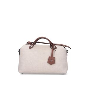 Fendi Calf Leather Shoulder Bag With Natural Linen-Cotton Texture - Pink