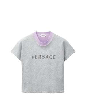 Versace Reversible Logo Print Ribbed-Trim Mini T-Shirt For - Gray