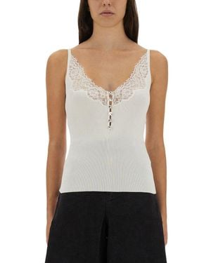 Self-Portrait Ribbed Top With Lace Trim - White