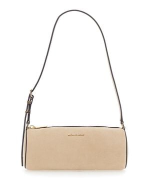 MICHAEL Michael Kors Izzy Logo Lettering Leather Shoulder Handbag With Adjustable Strap, Top Zip Closure, 23.5X9.5X9.5 Cm - Natural