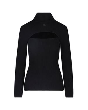 Courreges Ribbed Cutout Turtleneck Top - Black