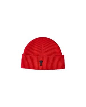 Ami Paris Logo-Style Knit Beanie Hat - Red