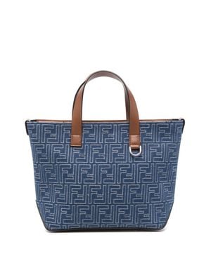 Fendi Mini Denim-Effect Ff Jacquard Bag With Leather Base - Blue