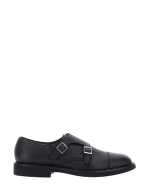 Doucal's Double Buckle Round-Toe Hammered Leather Loafers - Black