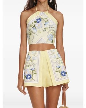 Self-Portrait Linen Mini Shorts With Back Zip Closure - Yellow