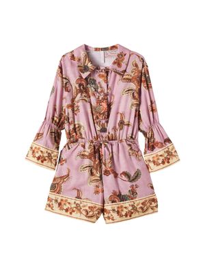 Zimmermann All-Over Print Cotton Jumpsuit For Girls With Long Sleeves & Knotted Waist - Pink