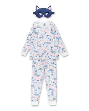 Petit Bateau Cozy Floral Pajama Set With Cat Mask For Girls - Blue