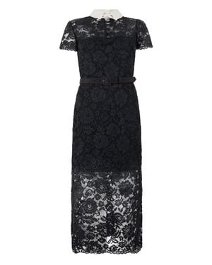 Self-Portrait Inspired Lace Midi Dress With Contrast Collar & Jewel Buttons - Black