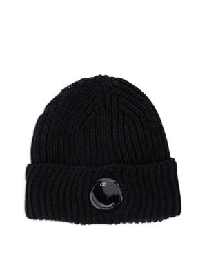 C.P. Company Lens-Detail Mini Beanie With Ribbed Cuff, 100% Wool - Black