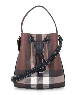 Burberry Mini Coated Cotton Bucket Bag With Check, Leather Trim & Adjustable Strap - Purple