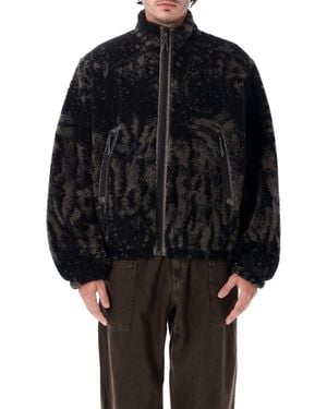 ROA Boxy Oversized Faux Fur Jacket With High Neck & Digital Print - Black