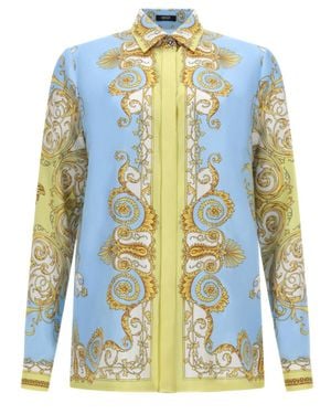 Versace Printed Silk Twill Mini Shirt Dress - Blue