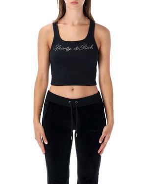Sporty & Rich Rhinestone Logo Ribbed Crop Tank Top - Black