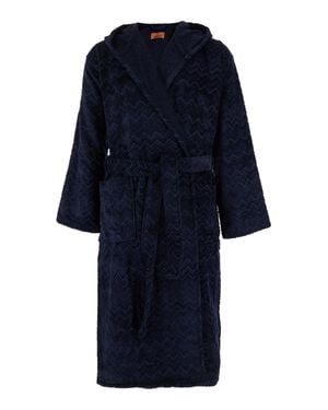 Missoni Cotton Bathrobe With Zigzag Motif And Waist Belt - Blue