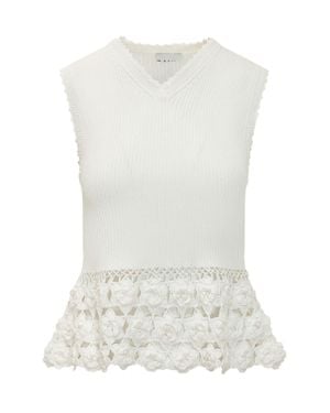 Ganni Stylish Textured Top With Floral Insert - White