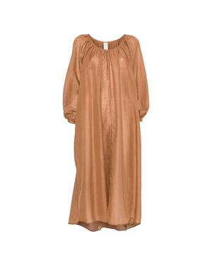 120% Lino Classic Long Linen And Cotton Dress With V-Neck And Adjustable Cuffs - Brown