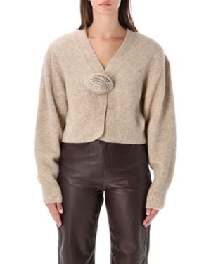 ROTATE BIRGER CHRISTENSEN Cropped V-Neck Cardigan With Rosette Detail - Natural