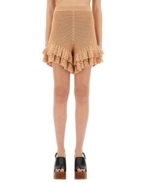 Chloé Crochet Knit Mini Shorts With Ruffles - Natural