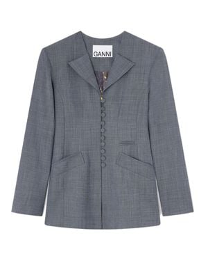 Ganni V-Neck Button-Front Wool Blend Jacket With Back Slit Pockets - Blue