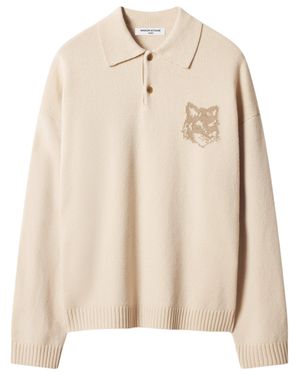Maison Kitsuné Fox Head Merino Wool Polo Sweater - Natural