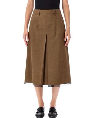 Prada Virgin Wool Midi Skirt With Sheer Chiffon Hem And Inverted Pleat - Brown