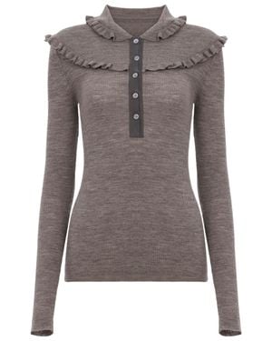 Chloé Wool Long-Sleeve Ruffle-Trim Button-Front Top With Contrast Placket - Brown