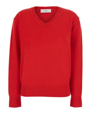 DUNST Cashmere V-Neck Sweater With Long Sleeves - Red