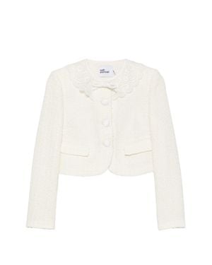 Self-Portrait Lace Collar Cropped Tweed Jacket - White