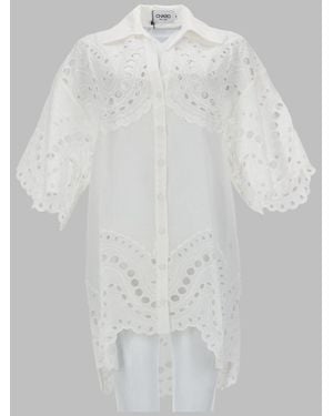 Charo Ruiz Embroidered Sheer Button-Front Tunic Shirt - White