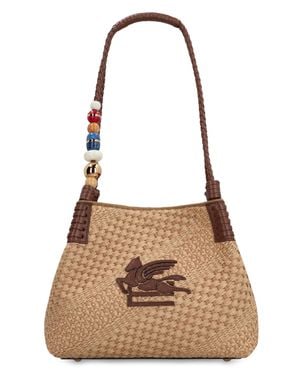 Etro Mini Raffia Shopping Handbag With Pegaso Embroidered Detail - Brown