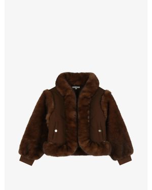 Chloé Girls Diamond Quilted Faux-Fur Trim Zip-Up Jacket With Scarf Lapels - Brown