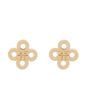 Tory Burch Clover Logo Plate Mini Stud Earrings With Butterfly Closure - White