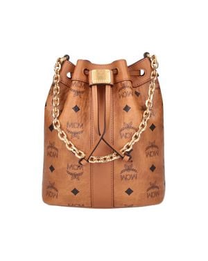 MCM Monogram Drawstring Bucket Bag With Chain Strap - Brown