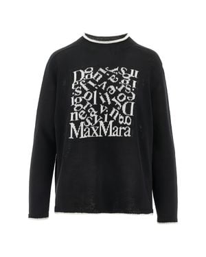 Max Mara S Max Mara 100% Linen Sweater With Embroidered Front & Contrasting Trim - Black
