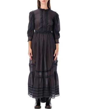Fortela Sheer Lace Trim Long Sleeve Maxi Dress - Black