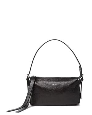 Fendi Mini Leather Shoulder Bag 14Cm H X 23Cm W X 4Cm D With Crackled Finish, Long Zip Pull And Adjustable Strap - Black
