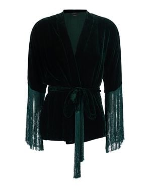Antonelli Velvet Cardigan With Knottable Belt & Fringe Trim - Black