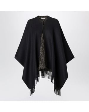 Fendi Ff Zucca Jacquard Reversible Wool-Cashmere Poncho With Fringe - Black