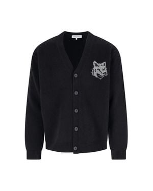 Maison Kitsuné Fox Head Intarsia Merino Cardigan - Blue