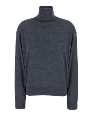 Semicouture Virgin Wool V-Neck Sweater With High Collar And Straight Hems For - Blue