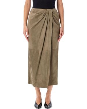 Ralph Lauren Draped Front Midi Suede Skirt With Straight Silhouette - Green