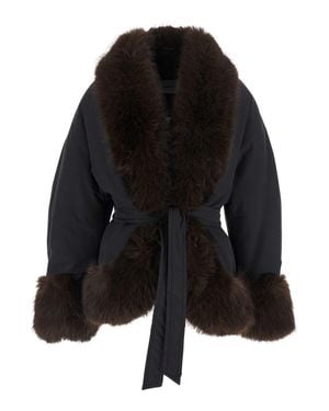 ANDAMANE Brina Faux Fur Tech Fabric Jacket With High Collar And Side Pockets - Black
