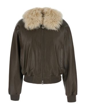 Grifoni Leather Bomber Jacket With Removable Fur Collar - Green