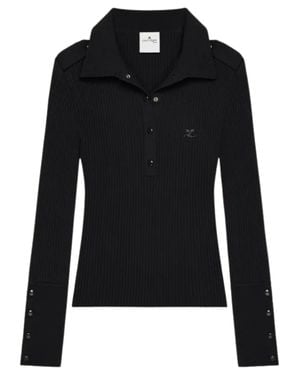 Courreges Logo Polo Shirt With Open Collar, Epaulettes & Snap Cuffs - Black