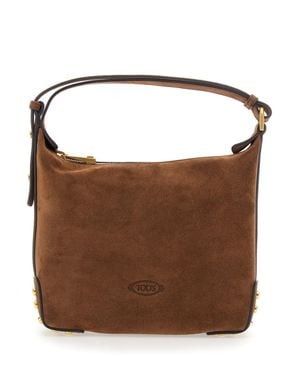 Tod's Suede Handbag With Top Handle, Zip Closure & Metal Dots, 21X24X8 Cm - Brown