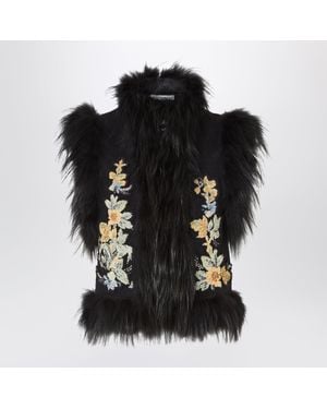 Fendi Wool Waistcoat With Embroidery And Fox Fur Trim - Black