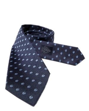 Gucci Jacquard Silk Tie With Double G And Crest Label Back, W 7 Cm X H 146 Cm - Blue